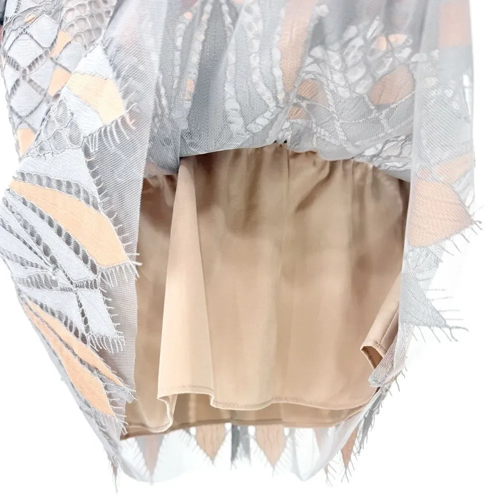 BCBGMAXAZRIA Light Dusk Contemporary Geometric Lace Mesh Overlay Peplum Blouse